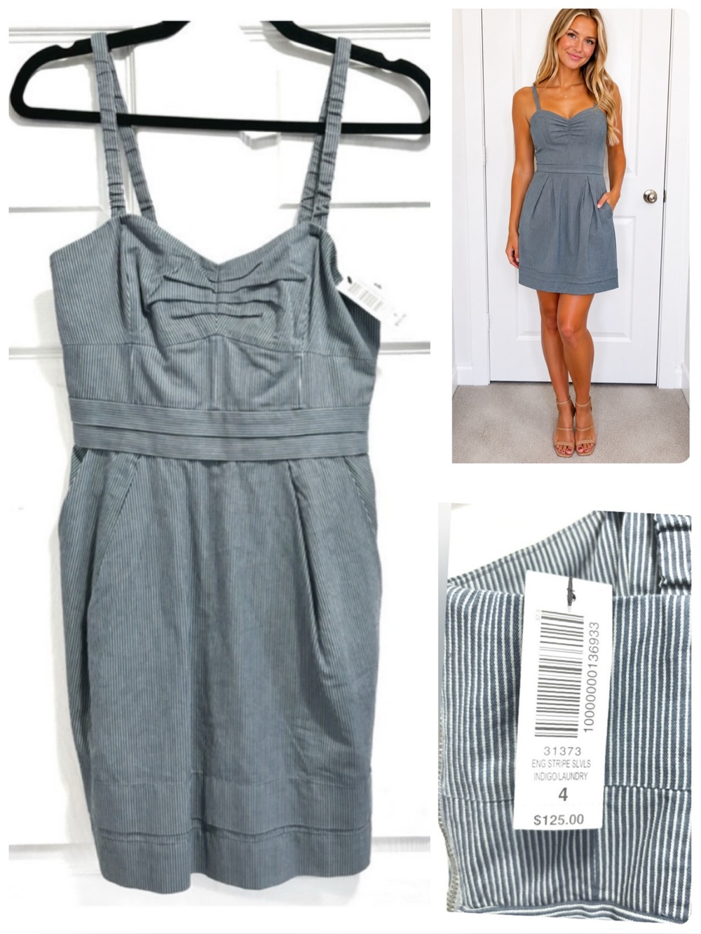 NWT Aritzia Wilfred English Striped Sleeveless Mini Dress Denim Blue White Sz 4